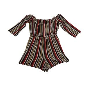 Purple Snow Womens Romper Large Red Navy Gold Striped Off Shoulder 3/4 Sleeve